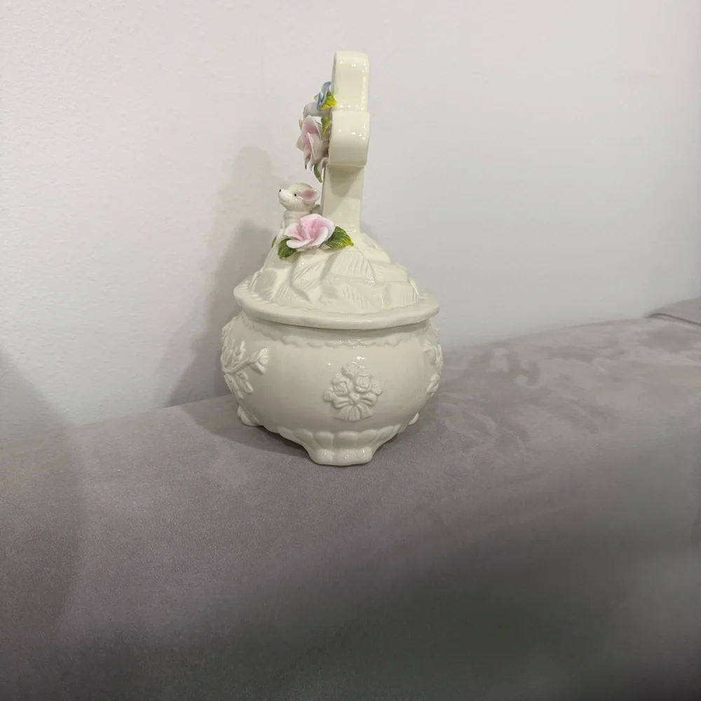 Porcelain Cross Trinket Music Box with Pastel Floral Accents Lamb Amazing Grace